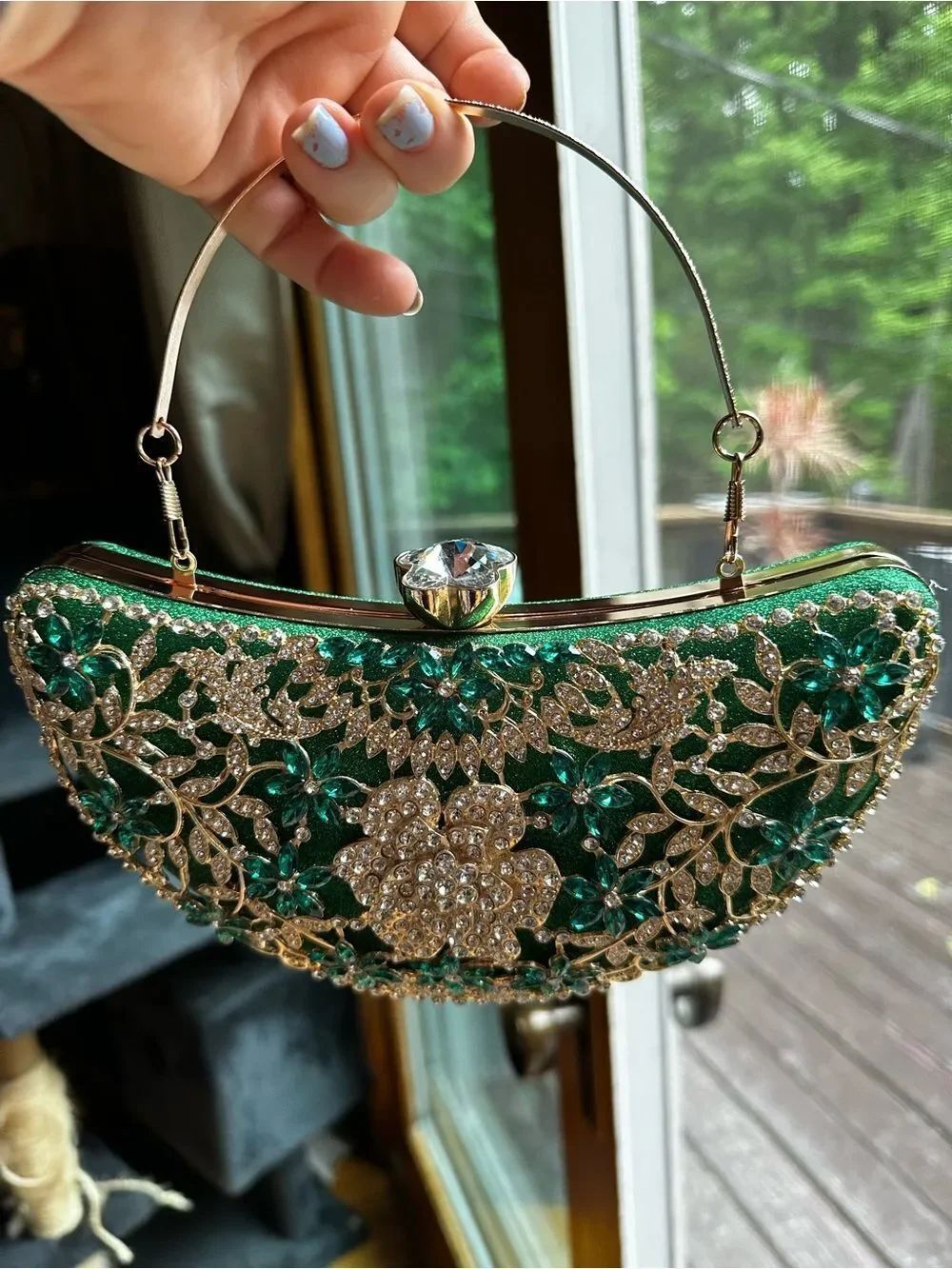 Emerald Green Crystal Floral Evening Clutch